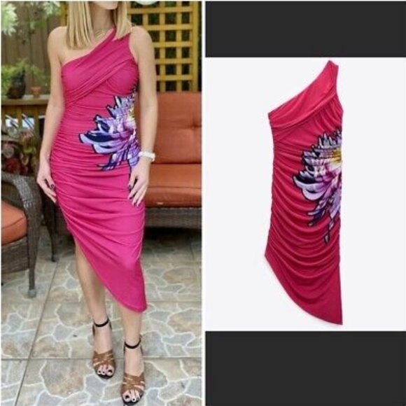 NWT Zara Side Flower Pink Draped Dress, Size S - Picture 5 of 15